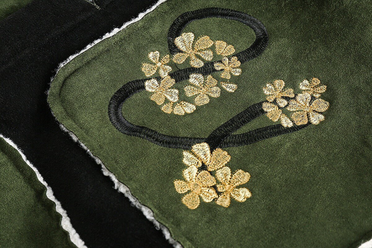 Vintage Floral Embroidered Suede Fleece Jacket
