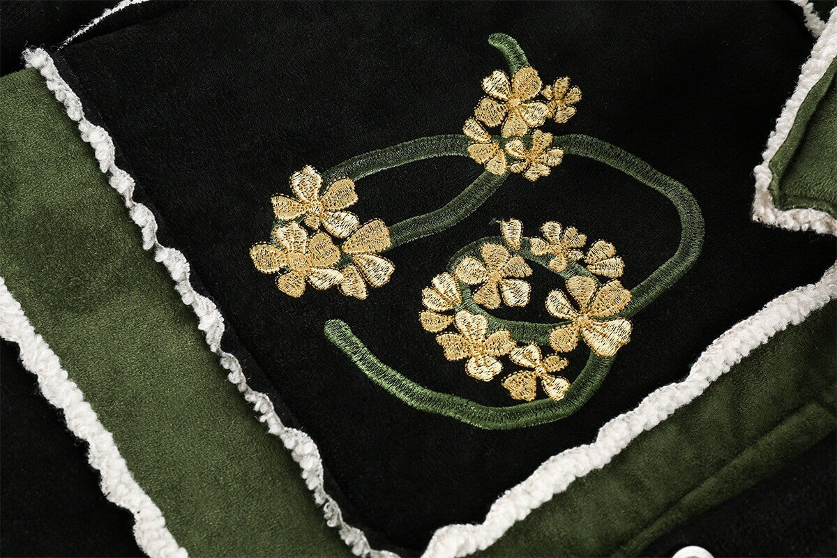Vintage Floral Embroidered Suede Fleece Jacket