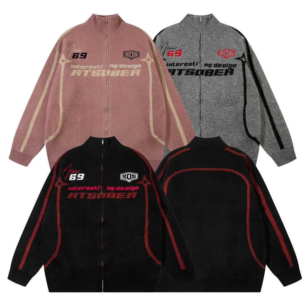 Retro Graphic Zipper Cardigan