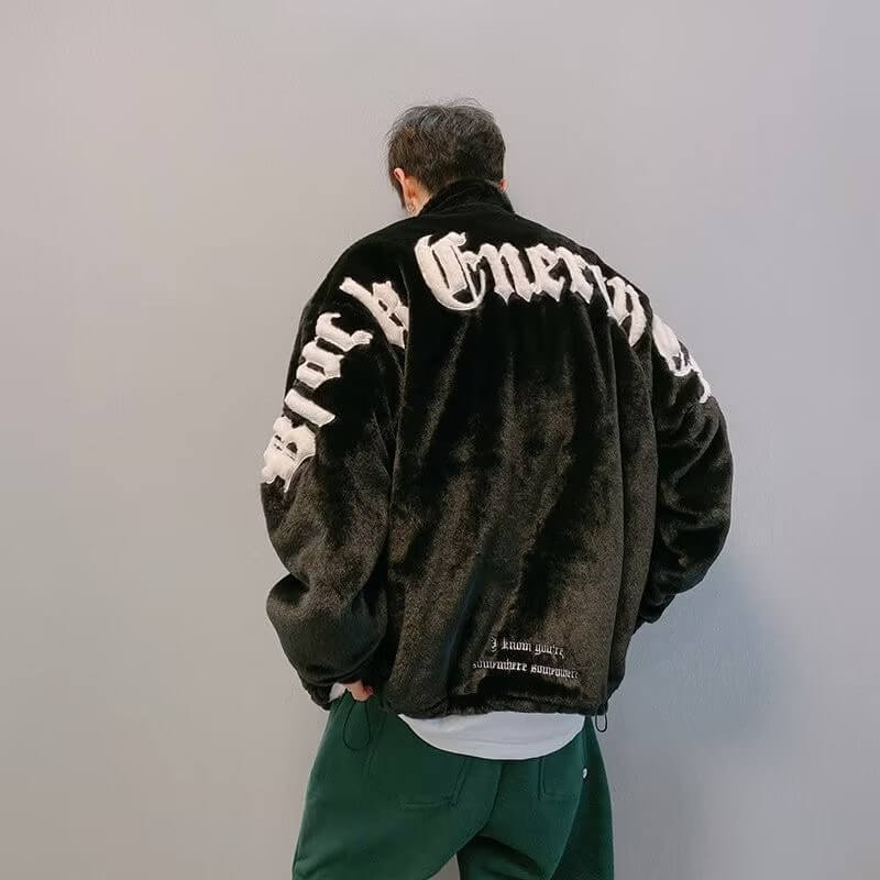 Black Plush Jacket with Embroidery