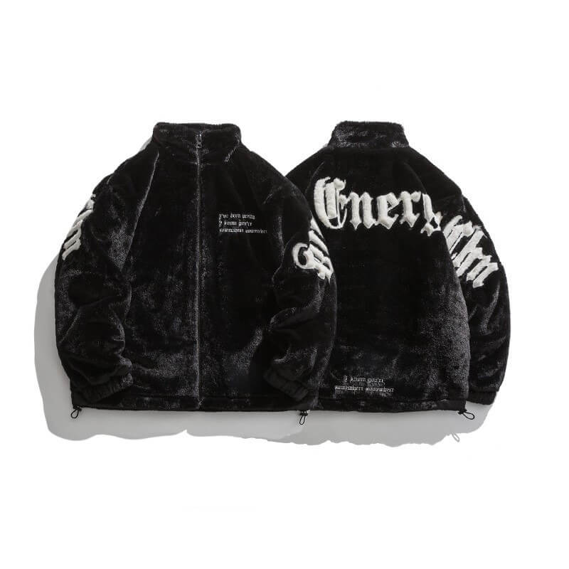 Black Plush Jacket with Embroidery