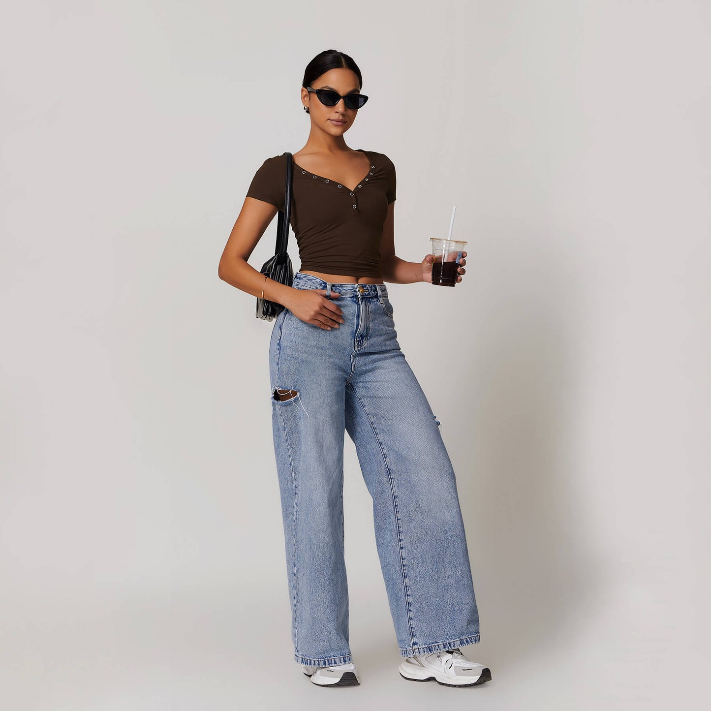 Button V-neck Crop Top