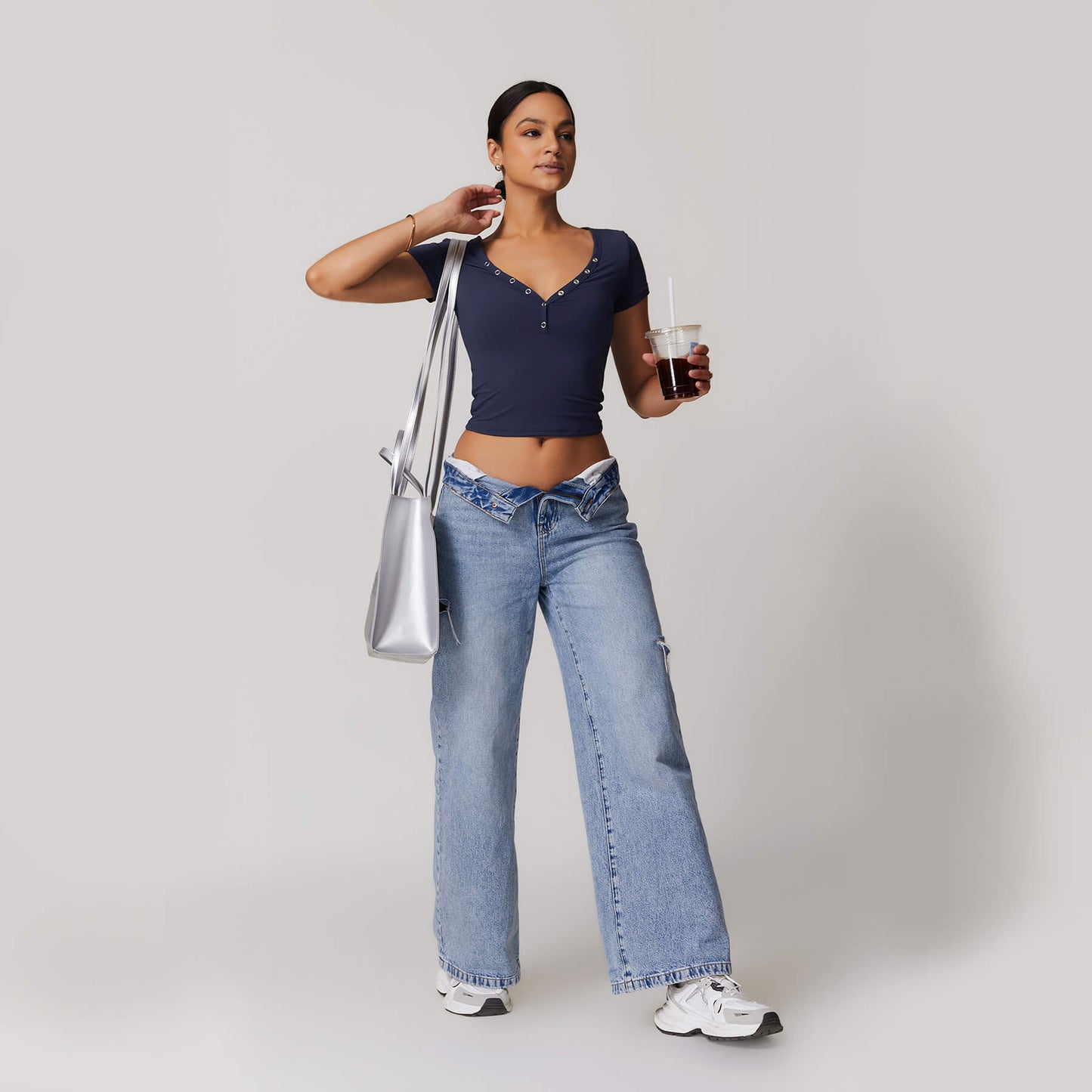 Button V-neck Crop Top