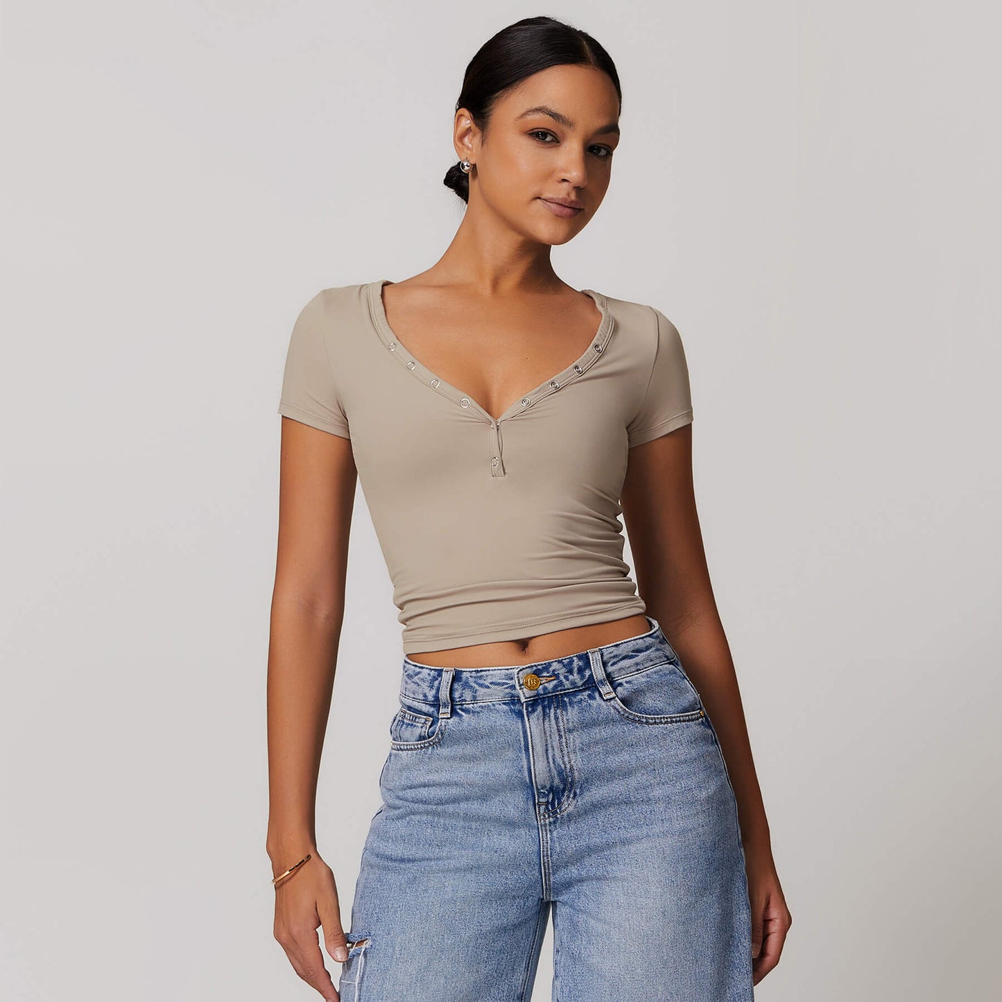 Button V-neck Crop Top