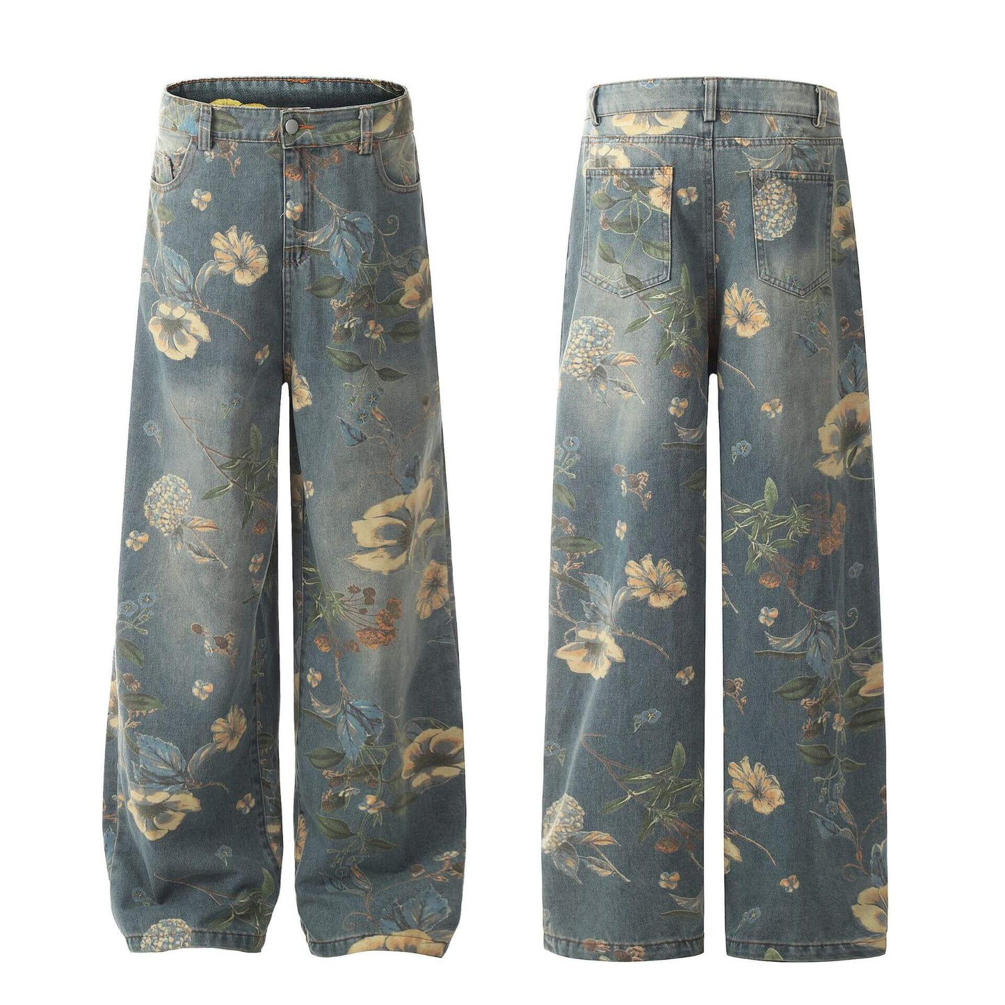 Vintage Floral Wide-Leg Denim Jeans