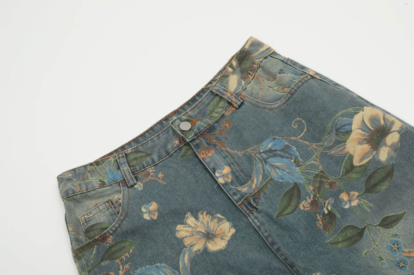 Vintage Floral Wide-Leg Denim Jeans