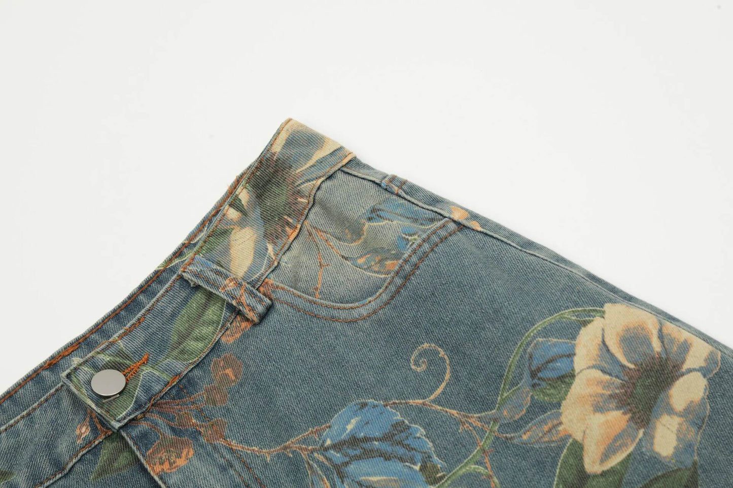 Vintage Floral Wide-Leg Denim Jeans