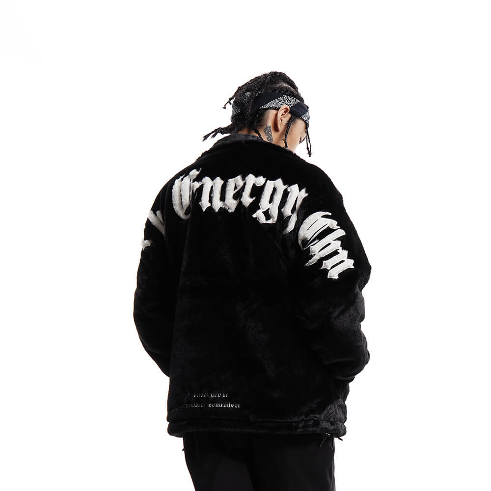 Black Plush Jacket with Embroidery