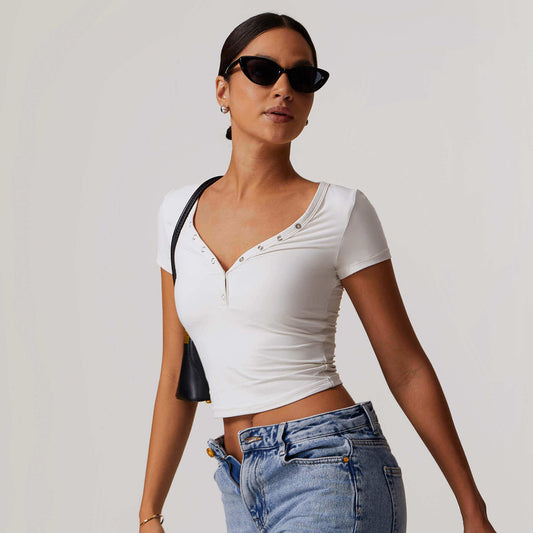 Button V-neck Crop Top