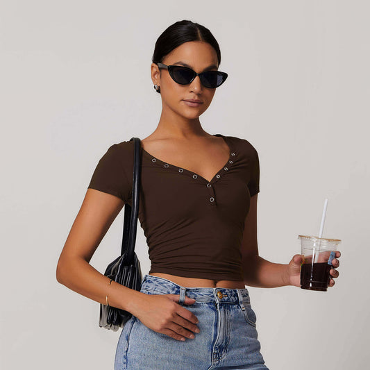 Button V-neck Crop Top