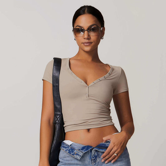 Button V-neck Crop Top