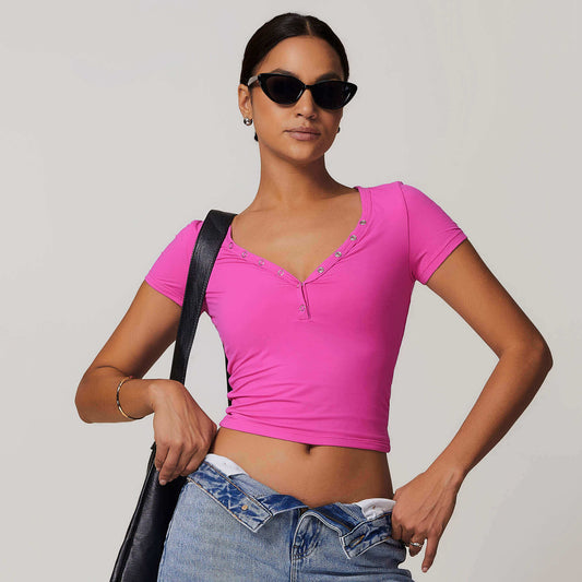 Button V-neck Crop Top