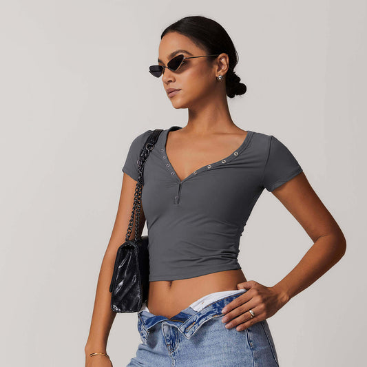 Button V-neck Crop Top