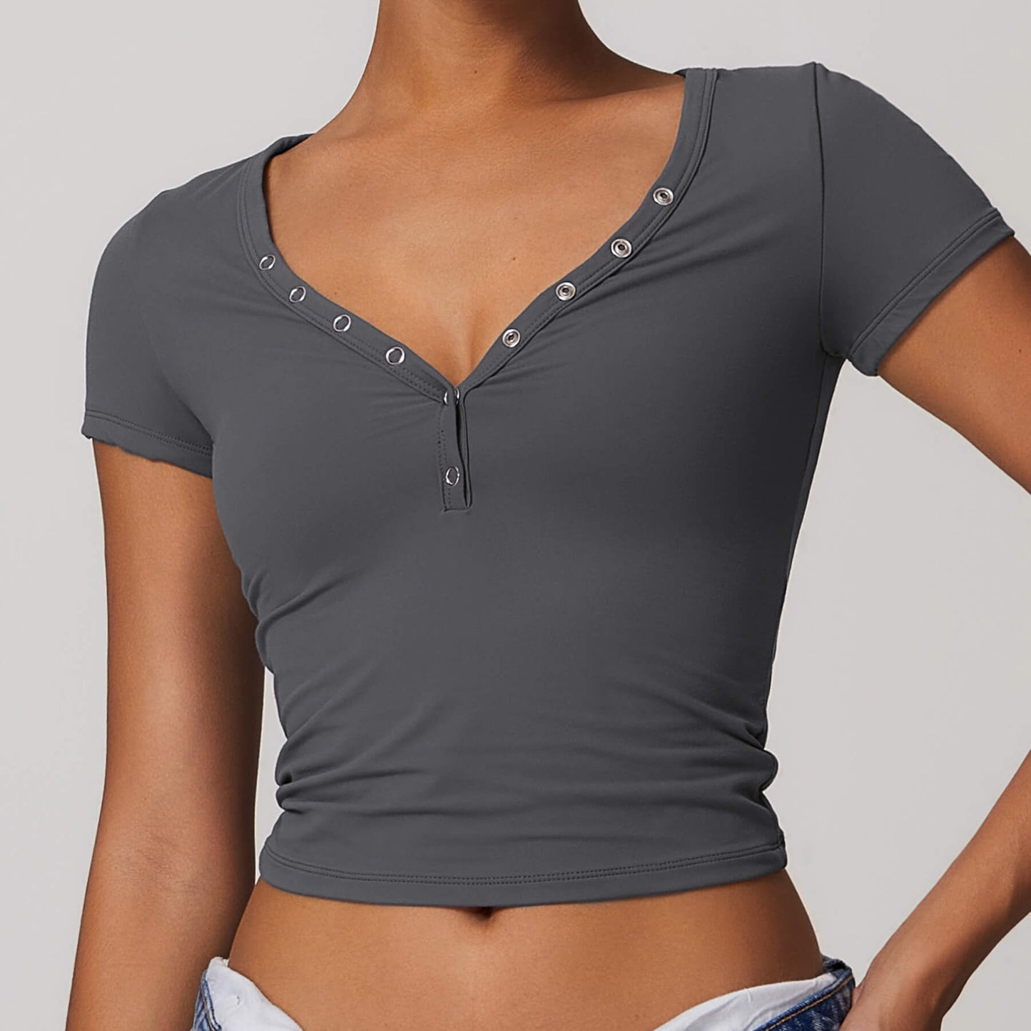 Button V-neck Crop Top