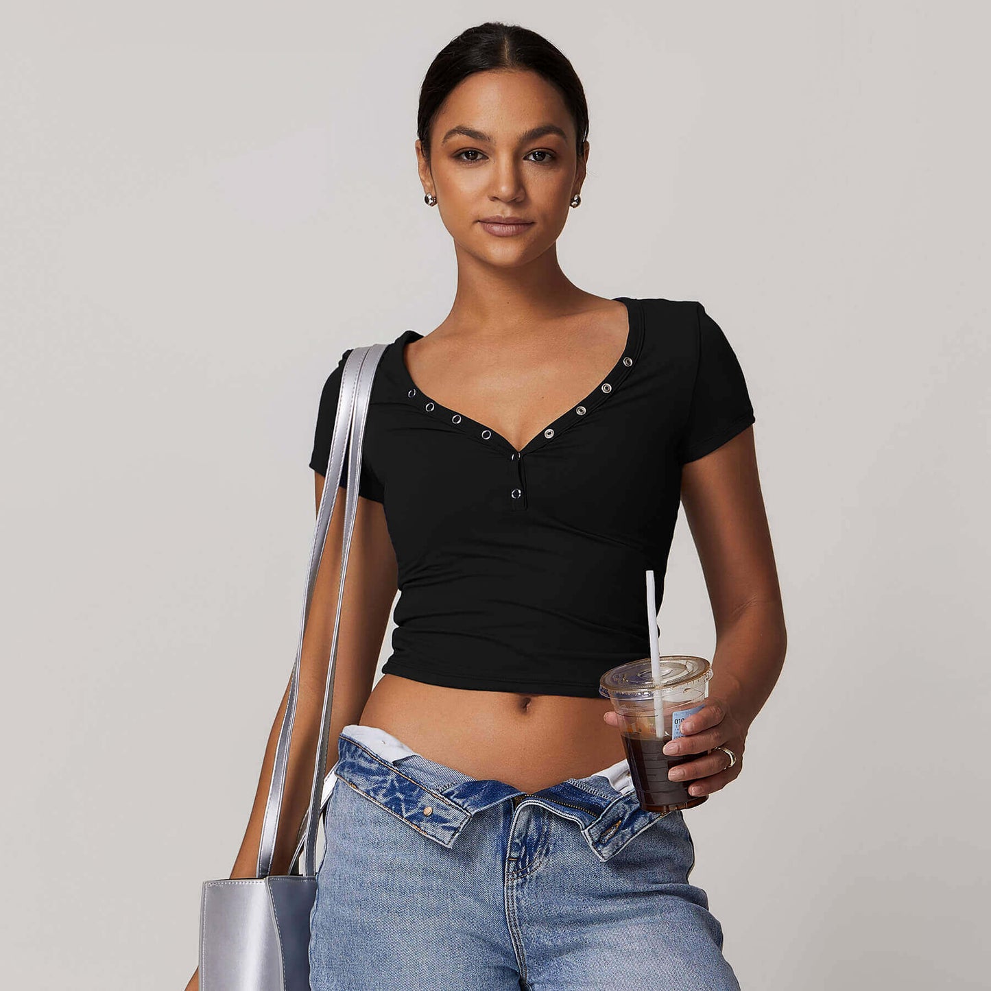 Button V-neck Crop Top
